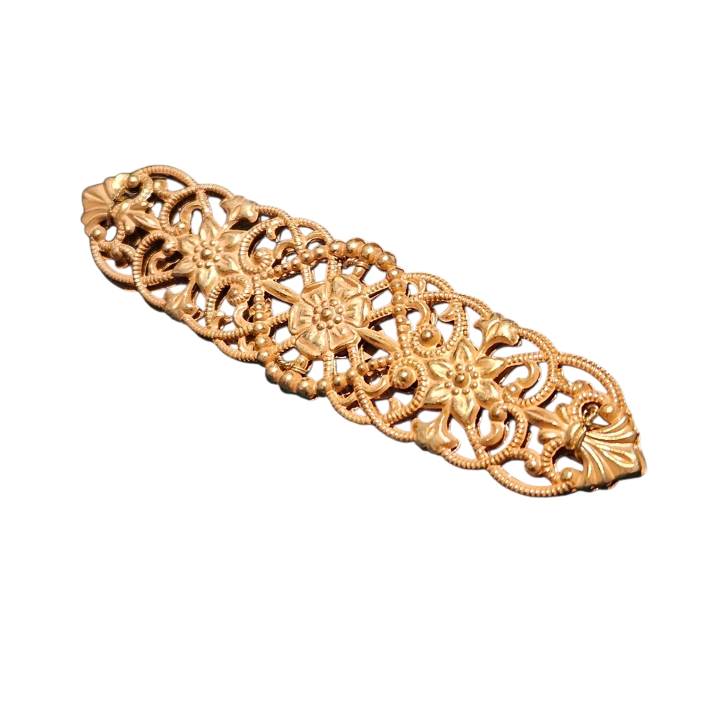 Miriam Haskell Gilded Filigree Bar Pin Vintage Gold Tone Floral Signed - Picture 3 of 9